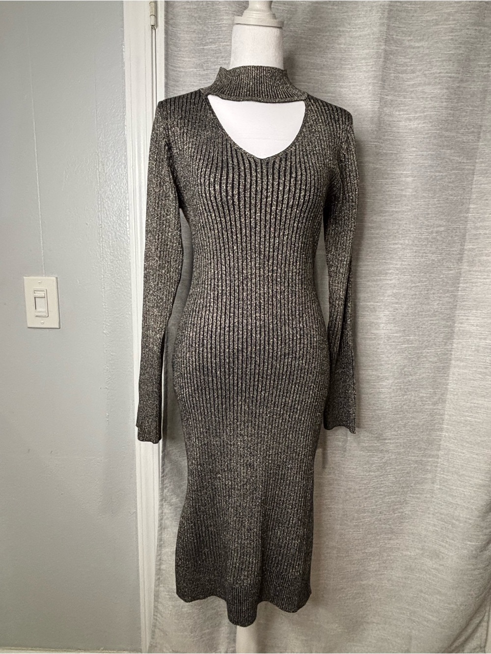 Say What? Ribbed Long Sleeve Midi Dress with Cutout - Gray